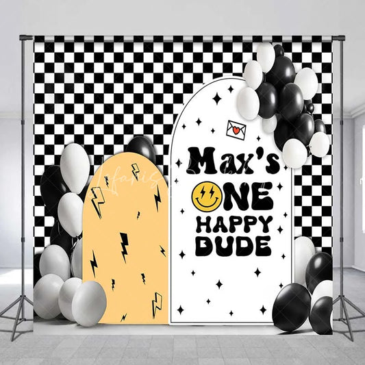 Lofaris Custom Birthday Backdrop One Happy Dude Personalize Name Retro Smiley Face Checkerboard Background 1st Bday Decor