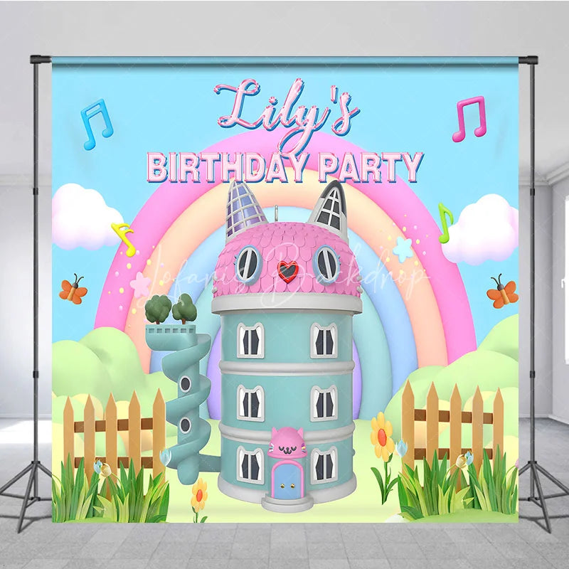 Lofaris Custom Birthday Backdrop Pastel Cat Dollhouse Theme Rainbow Kitty Party Photo Booth Props for Girl