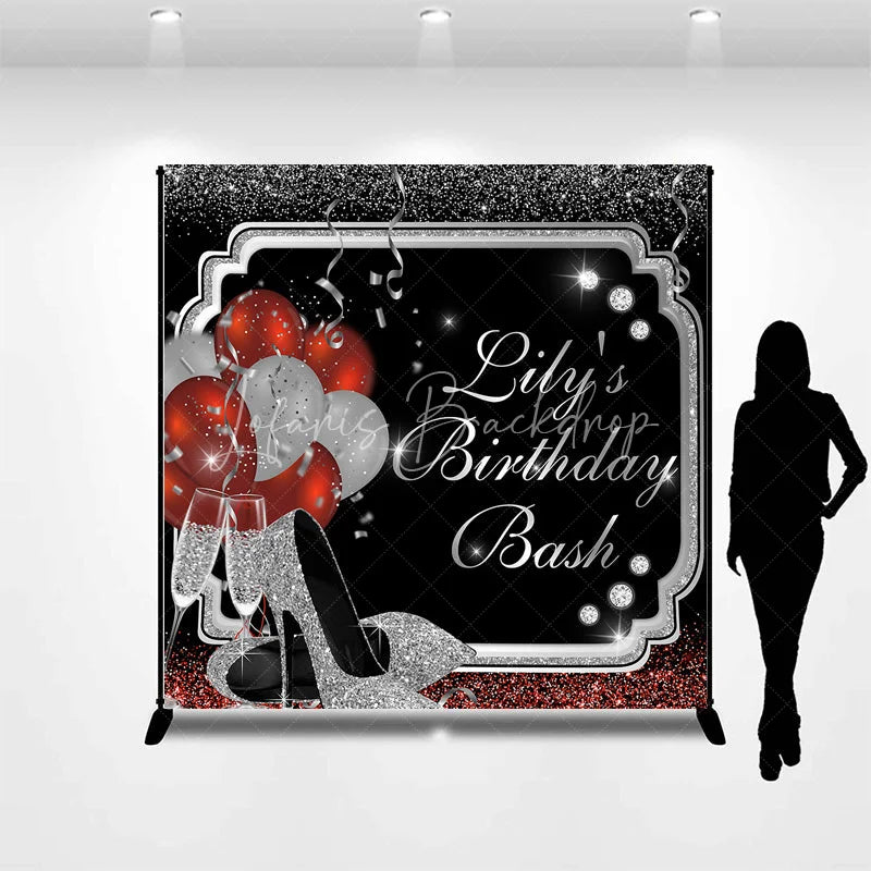 Lofaris Custom Birthday Backdrop Personalized Silver Glitter Red Balloons Sparkling High Heels