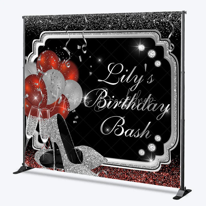 Lofaris Custom Birthday Backdrop Personalized Silver Glitter Red Balloons Sparkling High Heels
