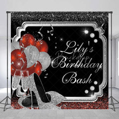 Lofaris Custom Birthday Backdrop Personalized Silver Glitter Red Balloons Sparkling High Heels