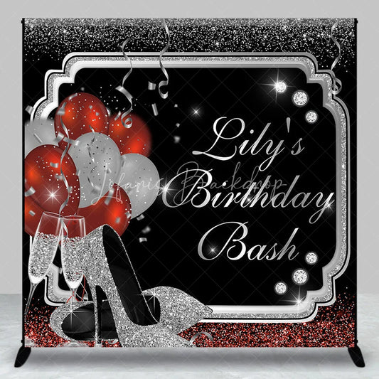 Lofaris Custom Birthday Backdrop Personalized Silver Glitter Red Balloons Sparkling High Heels