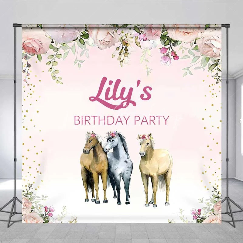 Lofaris Custom Birthday Backdrop Pink Floral Horse Farm Animals Photography Background