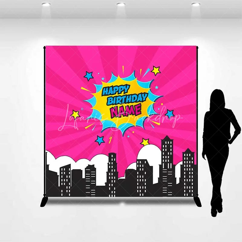 Lofaris Custom Birthday Backdrop Pink Superhero Comic Book Pop Art City Skyline Decor