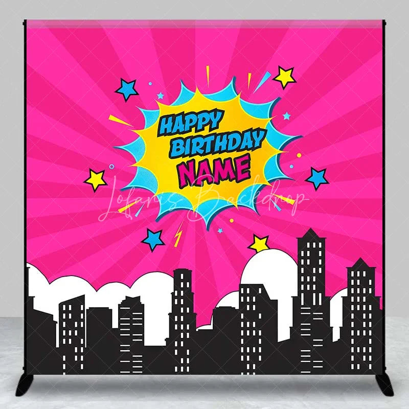 Lofaris Custom Birthday Backdrop Pink Superhero Comic Book Pop Art City Skyline Decor