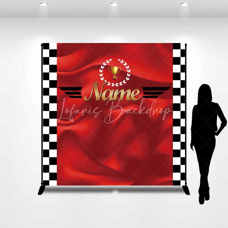 Lofaris Custom Birthday Backdrop Race Car Trophy Red Satin Checkered Flag Personalized Party Background