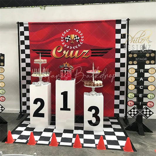 Lofaris Custom Birthday Backdrop Race Car Trophy Red Satin Checkered Flag Personalized Party Background