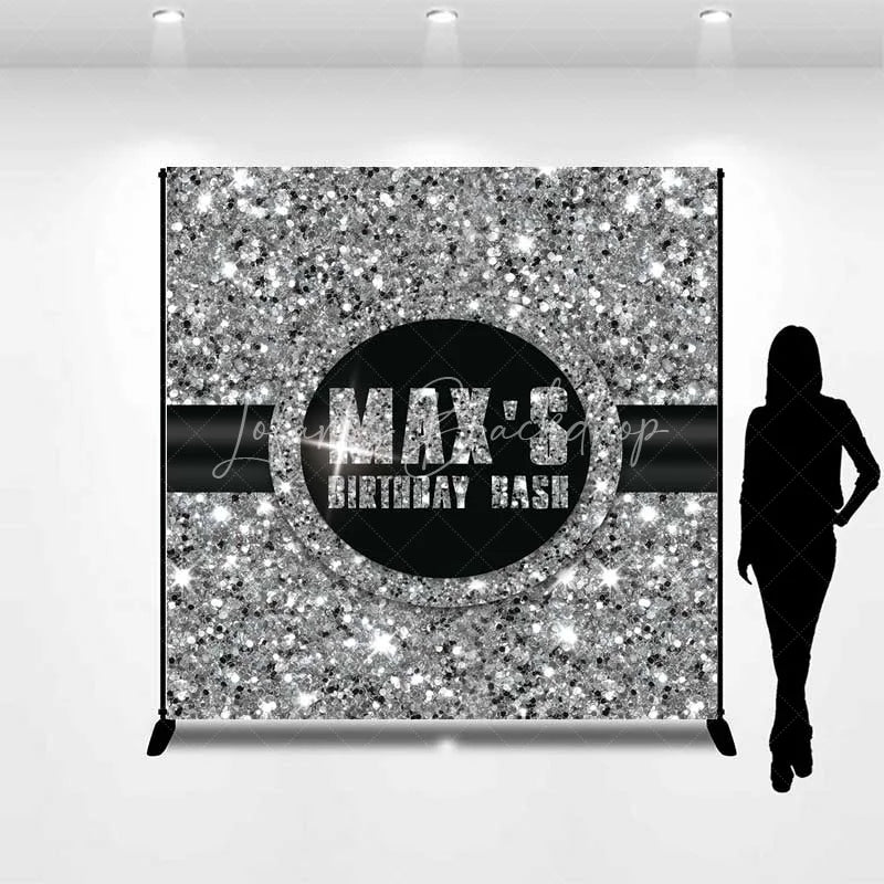 Lofaris Custom Birthday Backdrop Silver Glitz Sequin Pattern Black Circle Logo Personalized Party Background