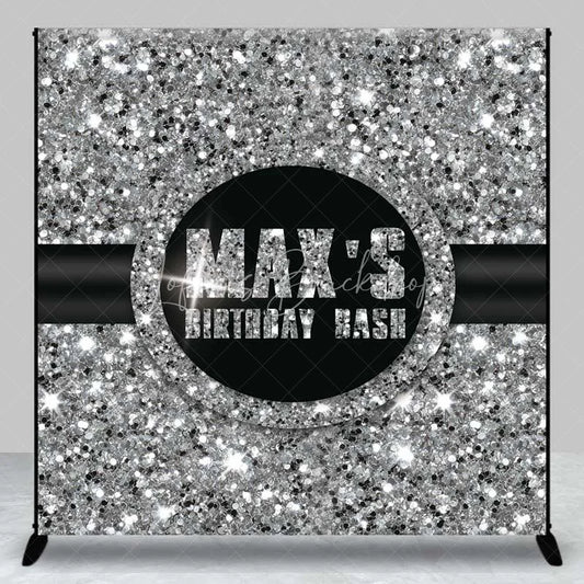 Lofaris Custom Birthday Backdrop Silver Glitz Sequin Pattern Black Circle Logo Personalized Party Background