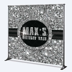 Lofaris Custom Birthday Backdrop Silver Glitz Sequin Pattern Black Circle Logo Personalized Party Background