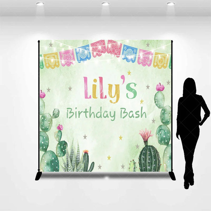 Lofaris Custom Birthday Backdrop with Colorful Papel Picado Banners Desert Cacti and Stars Theme for Party