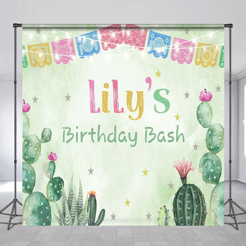 Lofaris Custom Birthday Backdrop with Colorful Papel Picado Banners Desert Cacti and Stars Theme for Party