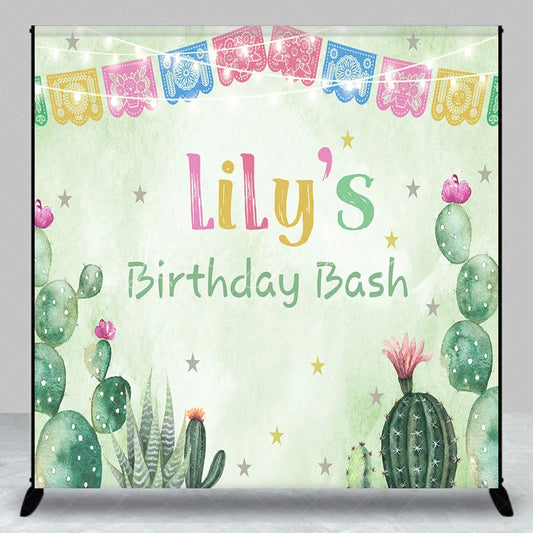 Lofaris Custom Birthday Backdrop with Colorful Papel Picado Banners Desert Cacti and Stars Theme for Party