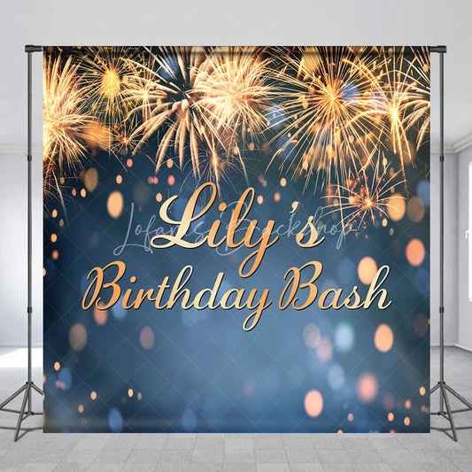 Lofaris Custom Birthday Backdrop with Golden Fireworks and Bokeh Lights Personalized Celebration Party Decor