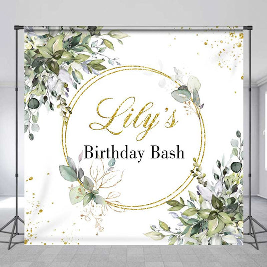 Lofaris Custom Birthday Bash Backdrop Elegant Gold and Greenery Wreath Personalized Eucalyptus Leaves Photo Prop Decor