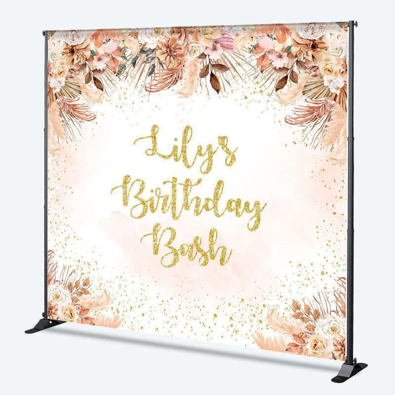 Lofaris Custom Birthday Bash Backdrop for Her Boho Pampas Grass and Dried Flowers Personalized Gold Glitter Photo Prop
