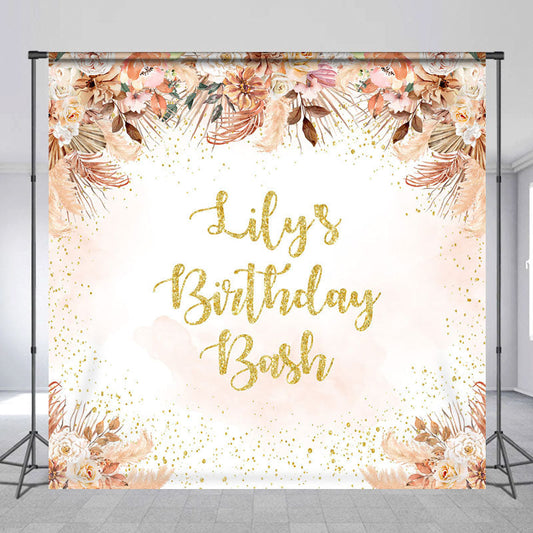 Lofaris Custom Birthday Bash Backdrop for Her Boho Pampas Grass and Dried Flowers Personalized Gold Glitter Photo Prop