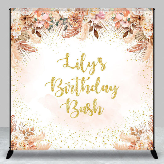 Lofaris Custom Birthday Bash Backdrop for Her Boho Pampas Grass and Dried Flowers Personalized Gold Glitter Photo Prop
