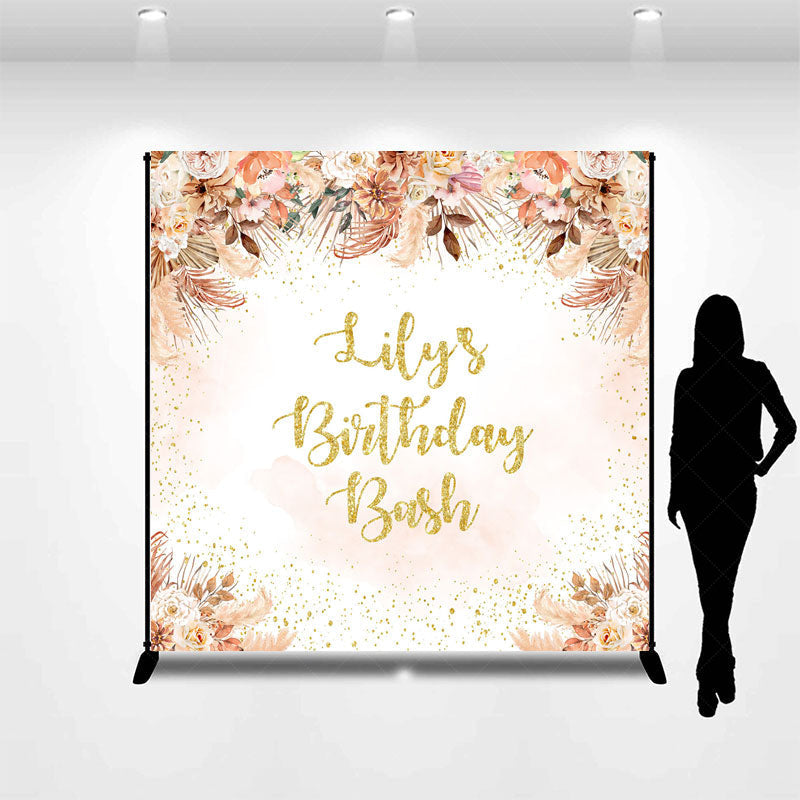 Lofaris Custom Birthday Bash Backdrop for Her Boho Pampas Grass and Dried Flowers Personalized Gold Glitter Photo Prop