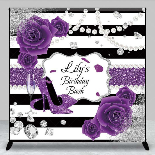 Lofaris Custom Birthday Bash Backdrop Purple High Heels and Roses Banner Black White Stripes with Diamonds Decor