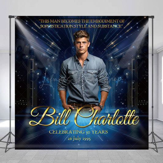 Lofaris Custom Birthday or Anniversary Photo Backdrop for Him Elegant Stage with Spotlights Personalized Milestone Decor