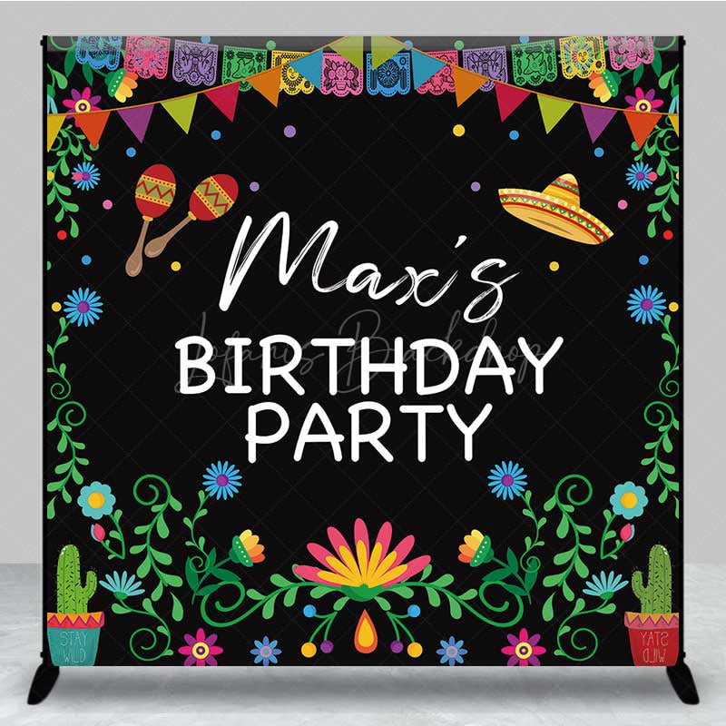 Lofaris Custom Birthday Party Backdrop Colorful Mexican Fiesta and Cactus Banner Personalized Sombrero Maracas Decor