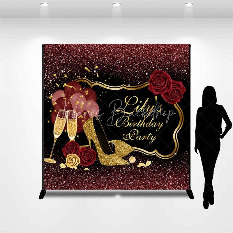 Lofaris Custom Black and Gold Glitter Birthday Party Backdrop with Elegant High Heels Champagne Roses