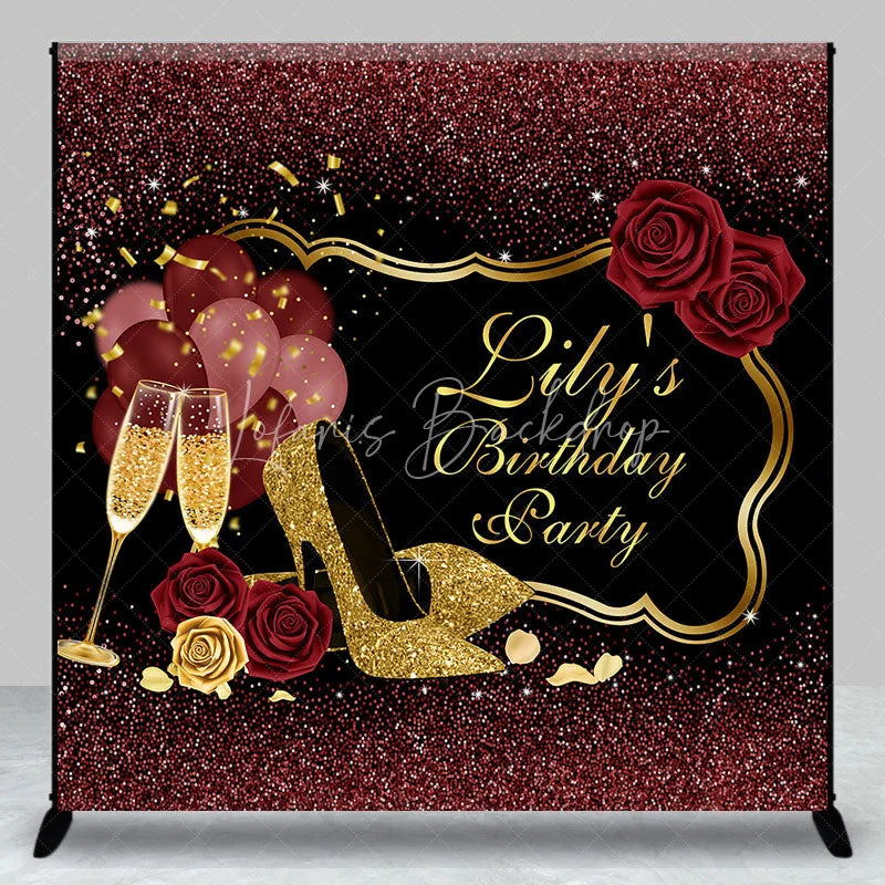 Lofaris Custom Black and Gold Glitter Birthday Party Backdrop with Elegant High Heels Champagne Roses