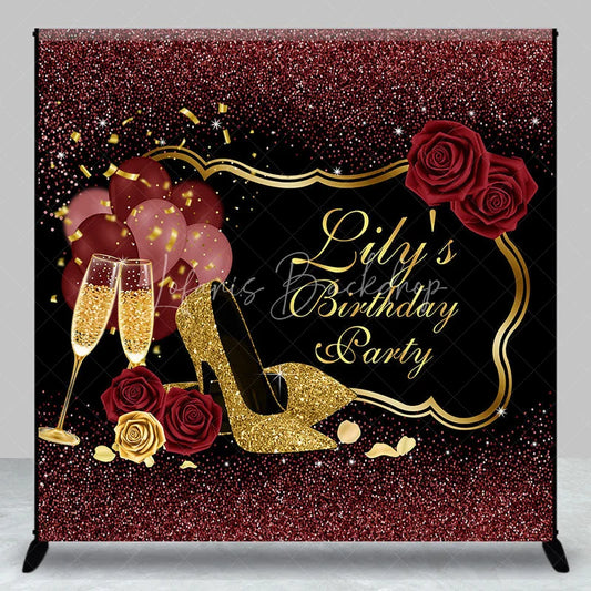 Lofaris Custom Black and Gold Glitter Birthday Party Backdrop with Elegant High Heels Champagne Roses