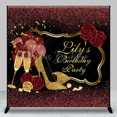 Lofaris Custom Black and Gold Glitter Birthday Party Backdrop with Elegant High Heels Champagne Roses