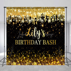 Lofaris Custom Black and Gold Glitter Drips Birthday Bash Backdrop with String Lights Bokeh Effect