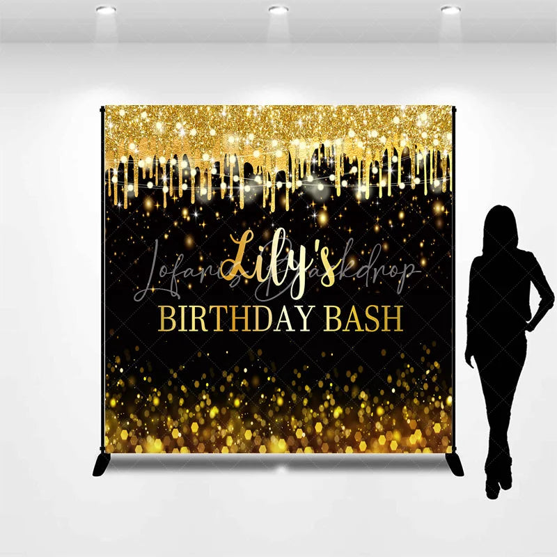 Lofaris Custom Black and Gold Glitter Drips Birthday Bash Backdrop with String Lights Bokeh Effect