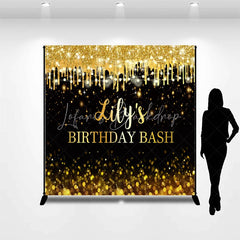 Lofaris Custom Black and Gold Glitter Drips Birthday Bash Backdrop with String Lights Bokeh Effect