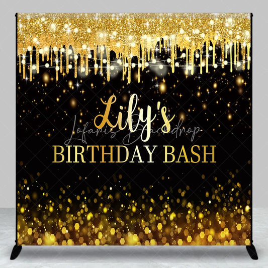 Lofaris Custom Black and Gold Glitter Drips Birthday Bash Backdrop with String Lights Bokeh Effect