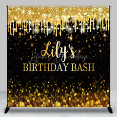 Lofaris Custom Black and Gold Glitter Drips Birthday Bash Backdrop with String Lights Bokeh Effect