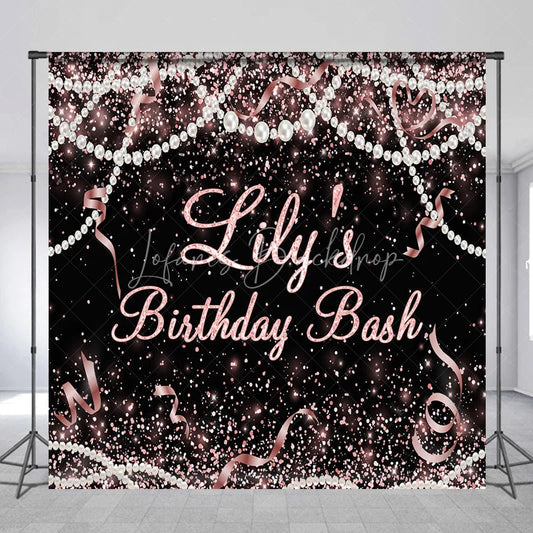 Lofaris Custom Black and Rose Gold Glitter Birthday Backdrop with Pearls Ribbons Personalized Party Decor