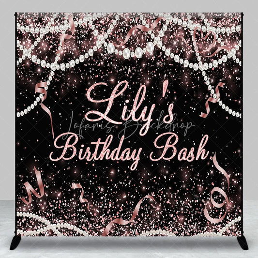 Lofaris Custom Black and Rose Gold Glitter Birthday Backdrop with Pearls Ribbons Personalized Party Decor