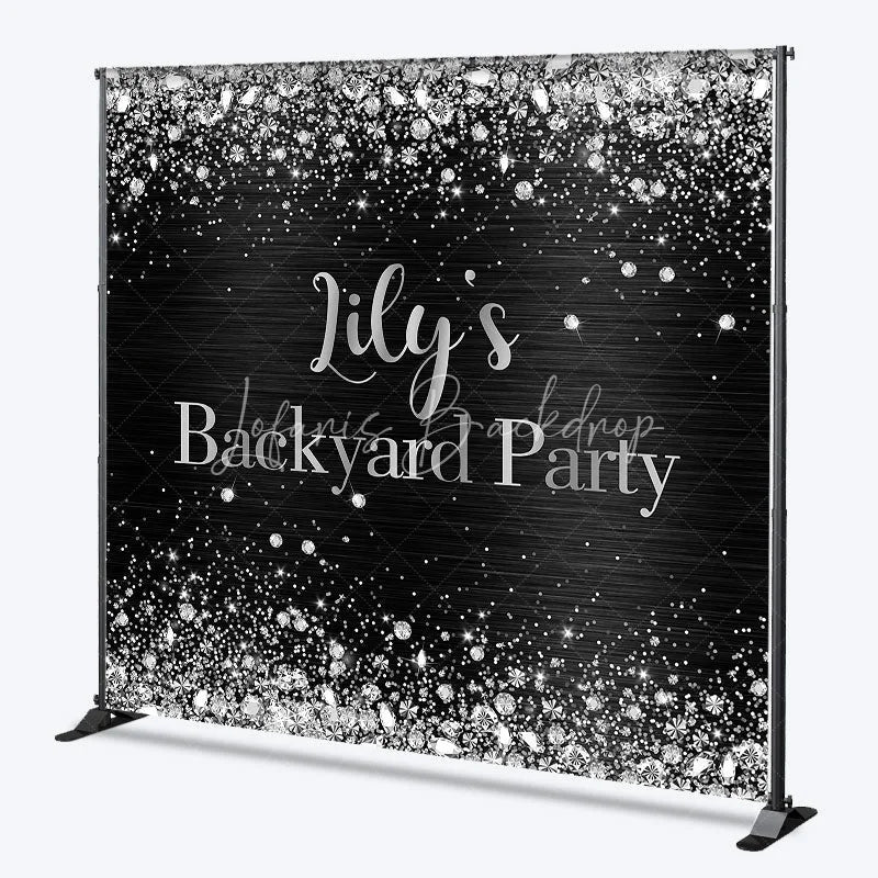 Lofaris Custom Black and Silver Glitter Backyard Party Backdrop Personalized Diamond Confetti Celebration Decor