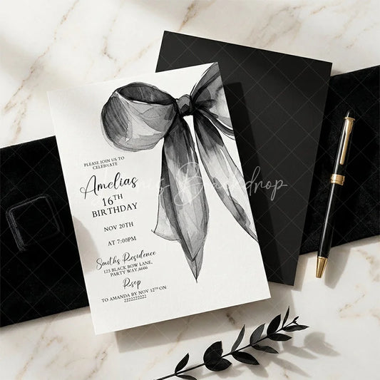 Lofaris Custom Black and White Watercolor Bow Sweet Sixteen Birthday Invitation Personalized Elegant Party Invite