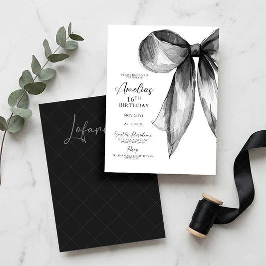 Lofaris Custom Black and White Watercolor Bow Sweet Sixteen Birthday Invitation Personalized Elegant Party Invite