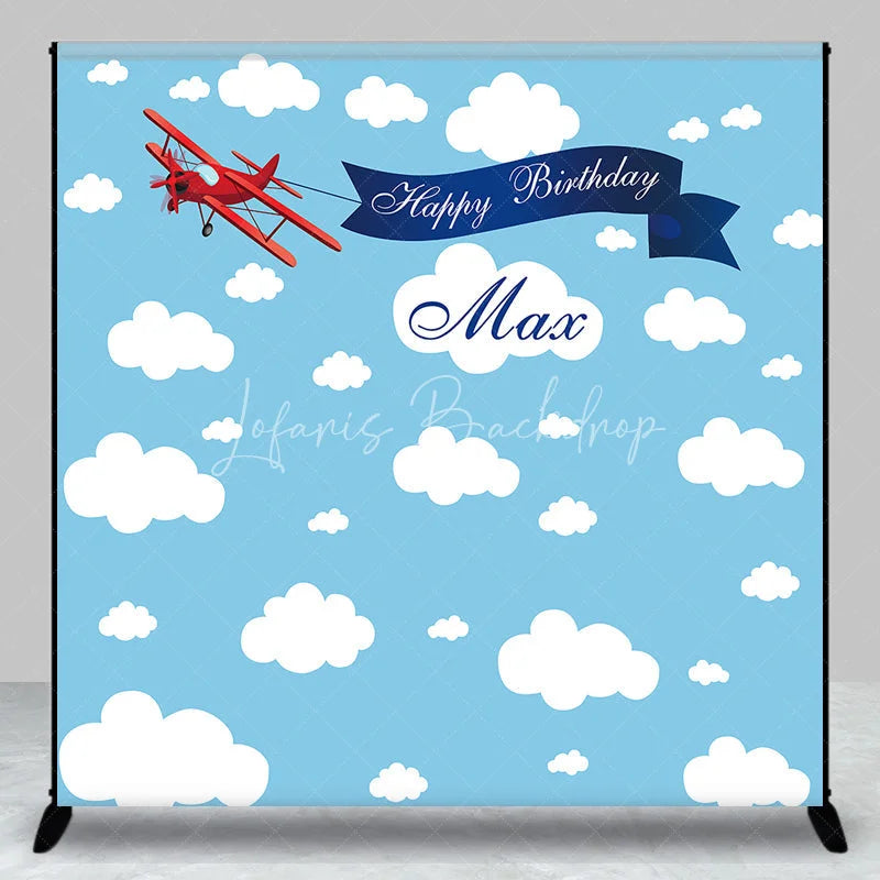 Lofaris Custom Blue Sky and Clouds Biplane Happy Birthday Backdrop Personalized Name Party Decor