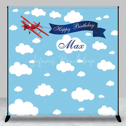 Lofaris Custom Blue Sky and Clouds Biplane Happy Birthday Backdrop Personalized Name Party Decor