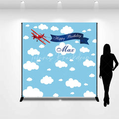 Lofaris Custom Blue Sky and Clouds Biplane Happy Birthday Backdrop Personalized Name Party Decor