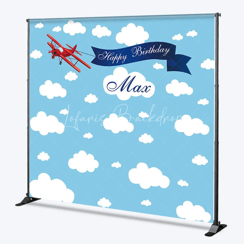 Lofaris Custom Blue Sky and Clouds Biplane Happy Birthday Backdrop Personalized Name Party Decor