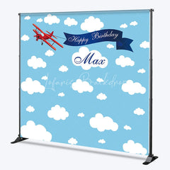 Lofaris Custom Blue Sky and Clouds Biplane Happy Birthday Backdrop Personalized Name Party Decor