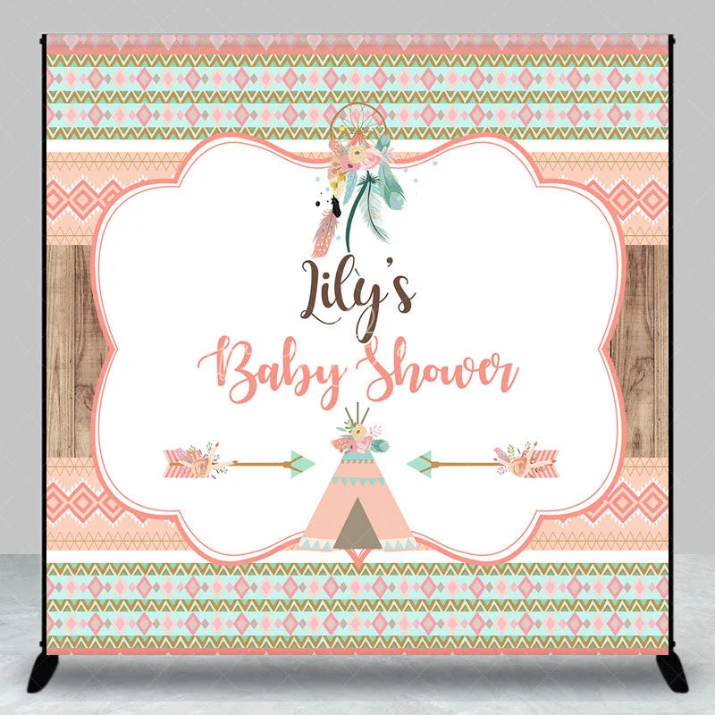 Lofaris Custom Boho Tribal Baby Shower Backdrop featuring Peach Mint Green and Gold Patterns Dreamcatcher Teepee Design
