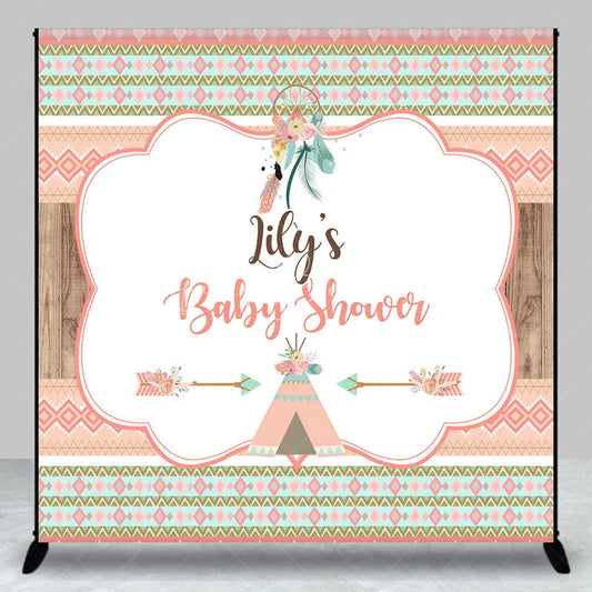 Lofaris Custom Boho Tribal Baby Shower Backdrop featuring Peach Mint Green and Gold Patterns Dreamcatcher Teepee Design
