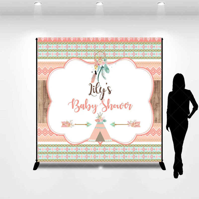 Lofaris Custom Boho Tribal Baby Shower Backdrop featuring Peach Mint Green and Gold Patterns Dreamcatcher Teepee Design
