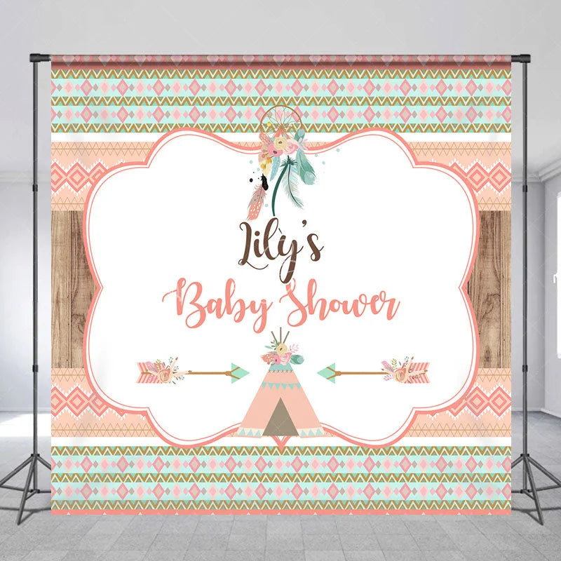 Lofaris Custom Boho Tribal Baby Shower Backdrop featuring Peach Mint Green and Gold Patterns Dreamcatcher Teepee Design