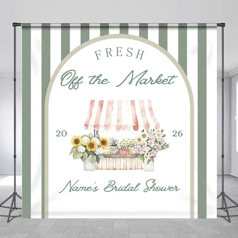 Lofaris Custom Bridal Shower Backdrop Fresh Flower Market Stand Sage Green Stripes Personalized Background